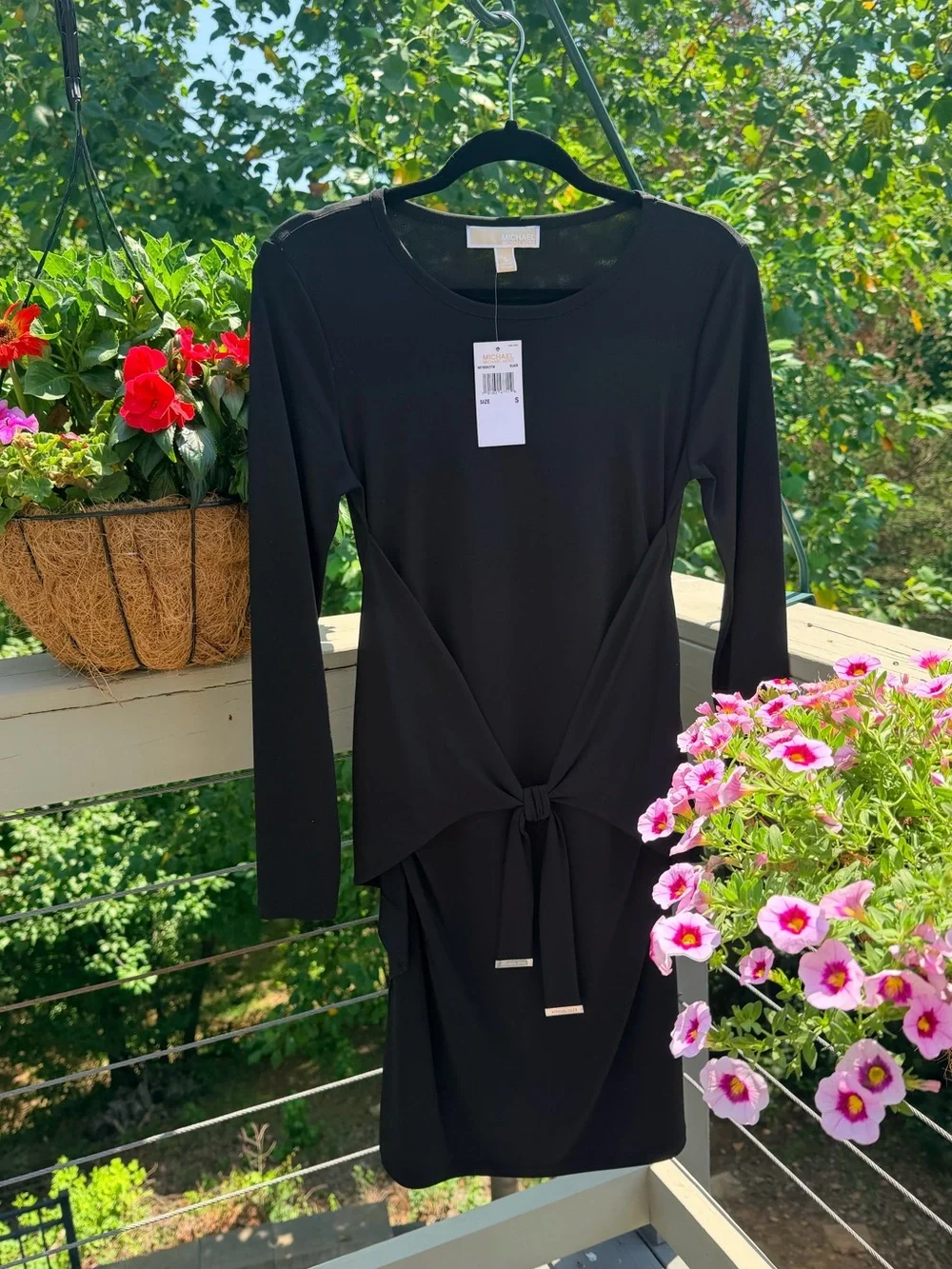 Michael KORS Little Black Dress Ruched Wrap Stretchy Midi Cocktail Dress Small